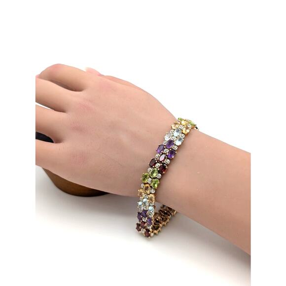 Vintage 925 Sterling Silver Gold Vermeil Multi Gemstone Tennis Bracelet - Picture 3 of 10